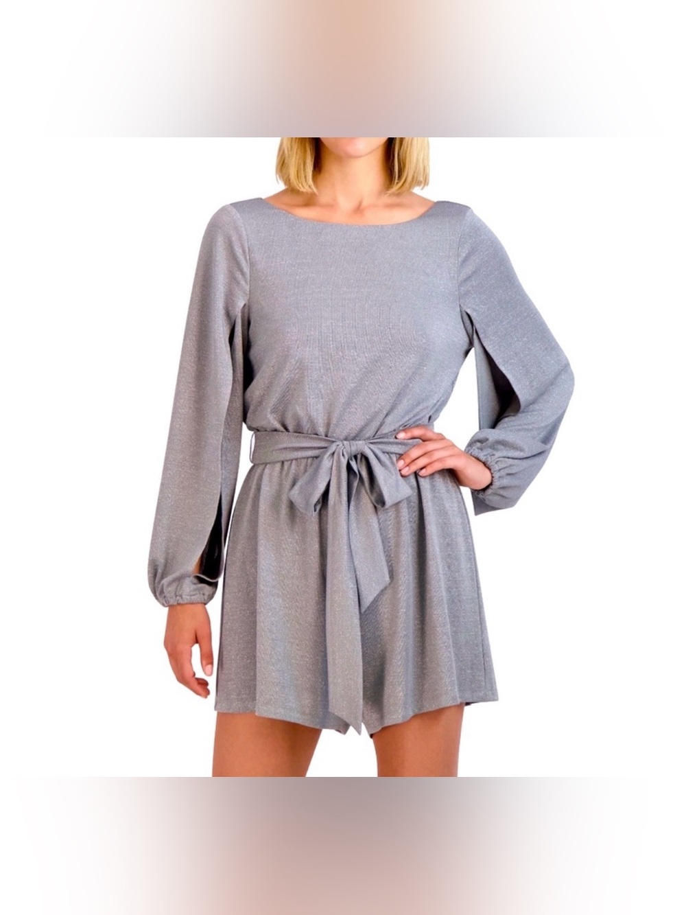 BCBG Paris Sparkly Metallic Split Sleeve Romper
